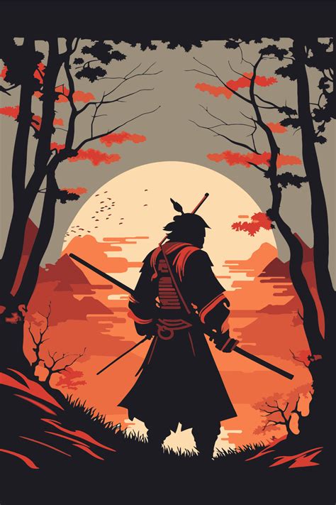 Silhouette Of Japanese Samurai Warrior With Sword Standing On Sunset