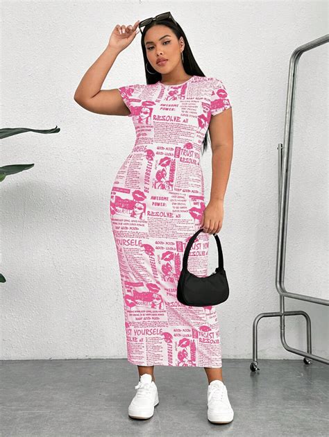 Shein Ezwear Plus Newspaper Print Bodycon Dress Shein Usa