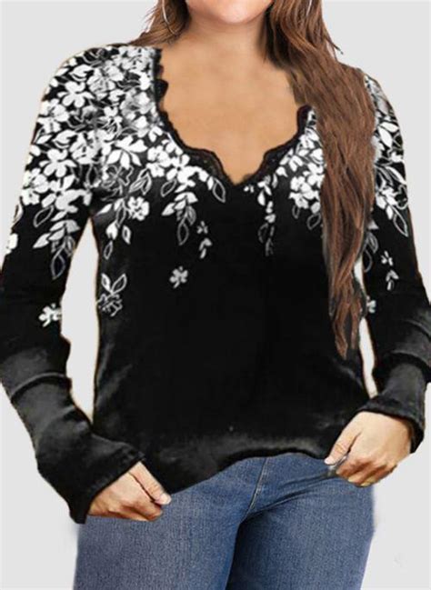 Plus Size Floral V Neckline Casual Shift Blouses Long Sleeve Plus Blou