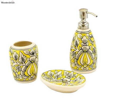 Buy Decorative Floral Design Ceramic Bathroom Accessory Set Of 3