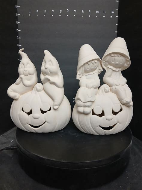 Unpainted Ceramic Bisque Halloween Ghosts Or Fall Scarecrow Couple On