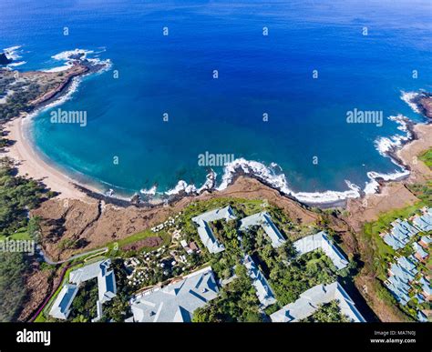 An Aerial View Of The Golden Beach And Palm Trees At Hulopoe Beach