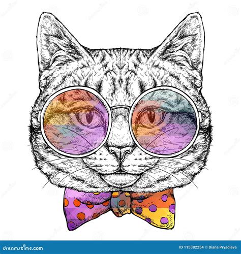 Hand Drawn Portrait Of Cat In Glasses With Bow Tie Vector Illustration