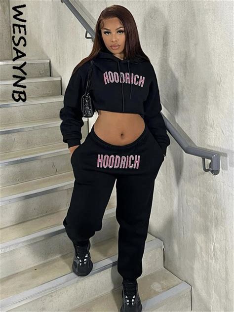 Casual 2 Two Piece Sets Outfits Women Long Sleeve Crop Top High Waist Sweatpants Black Print