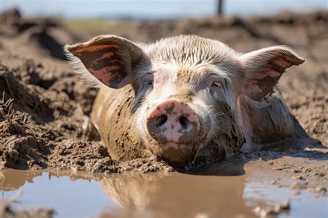 Premium Ai Image A Pig Laying In The Mud With Its Ears Sticking Out