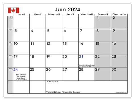 Calendriers à imprimer Canada Michel Zbinden FR