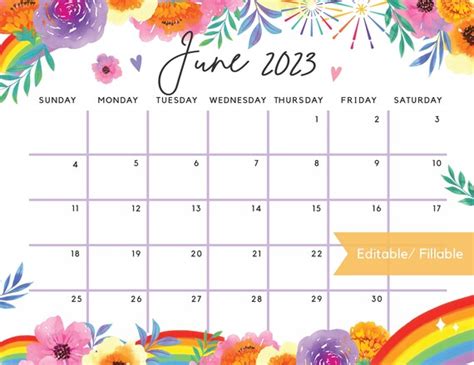 Fillable June Calendar Rainbow Summer Floral Printable Etsy Ireland