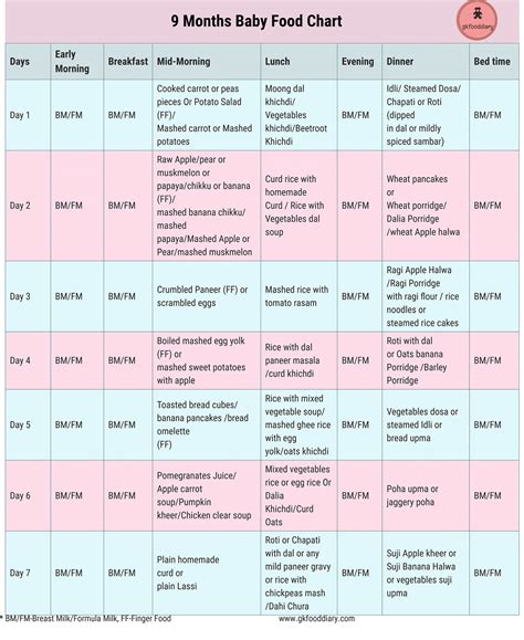 9 Months Baby Food Chart | 9 Month Baby Food Recipes