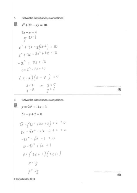 2 2 Simultaneous Equations Non Linear Answers Pdf