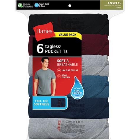 Hanes 6 Pack Men S Tagless Assorted Pocket Tees