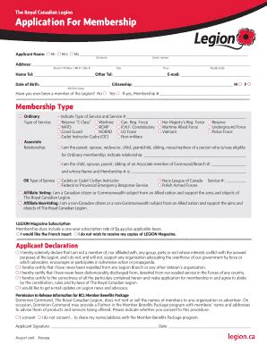 Fillable Online Application For Membership Royal Canadian Legion Fax