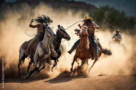 ภาพประกอบสต็อก Intense Fight Between Native Indians And Cowboys At The