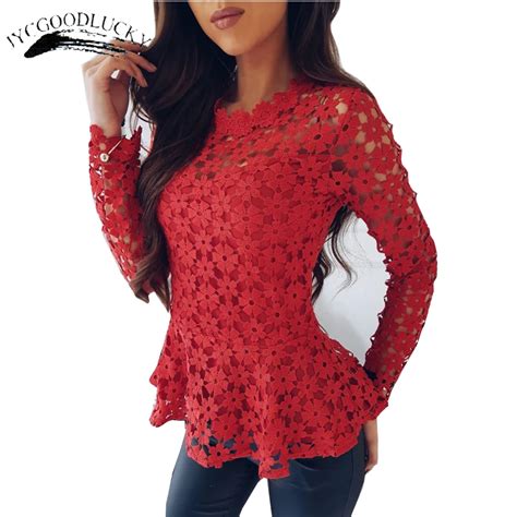 Sexy Red Lace Blouse Shirt Women Tops Elegant Hollow Out Blouse Summer Tops Female Blouse Long