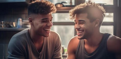 Feliz Y Sexy Pareja Gay Joven Cocinando Comida Juntos En Casa Foto Premium