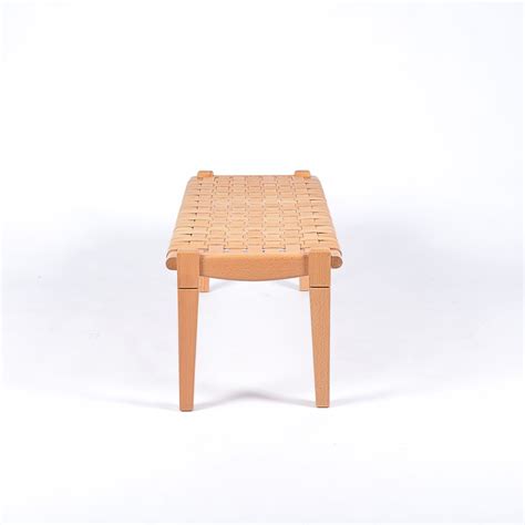 Solveig Woven Leather Bench Varnished Teak Wood With Strap Beige Lea