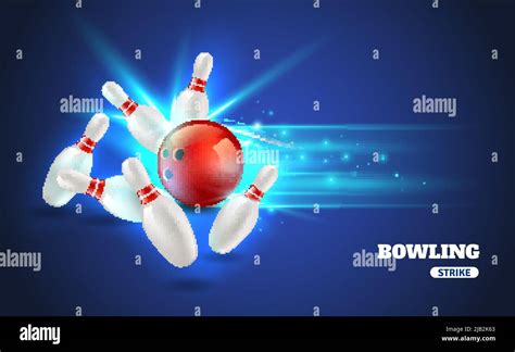 Bowling Strike With Ball And Bowling Pins On Blue Background Realistic