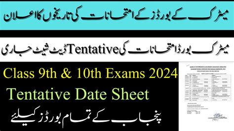 Punjab Boards Matric Exams 2024 Tentative Date Sheet Announced 9th And10th Class Date Sheet 2024