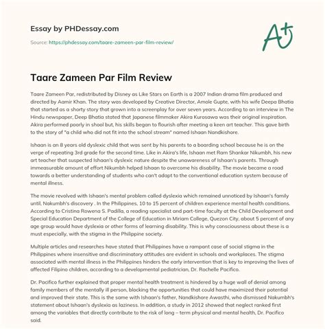 Taare Zameen Par Film Review (400 Words) - PHDessay.com