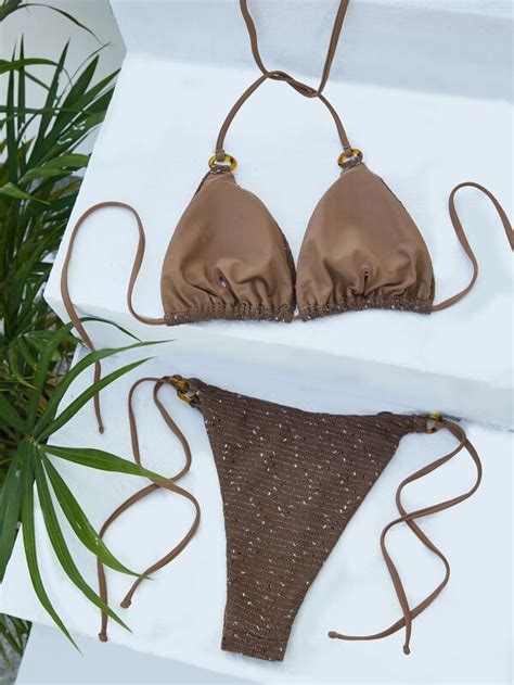 Shein Swim Vcay Glitter Bikini Set Ring Linked Triangle Bra And Tie Side