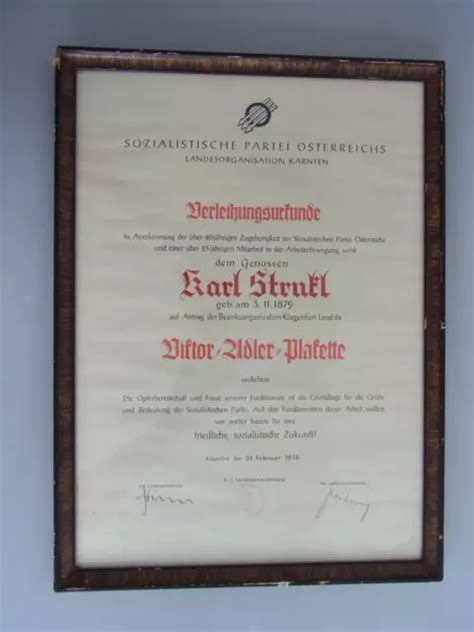 URKUNDE SOZIALISTISCHE PARTEI Österreichs SPÖ 1956 Klagenfurt Kärnten