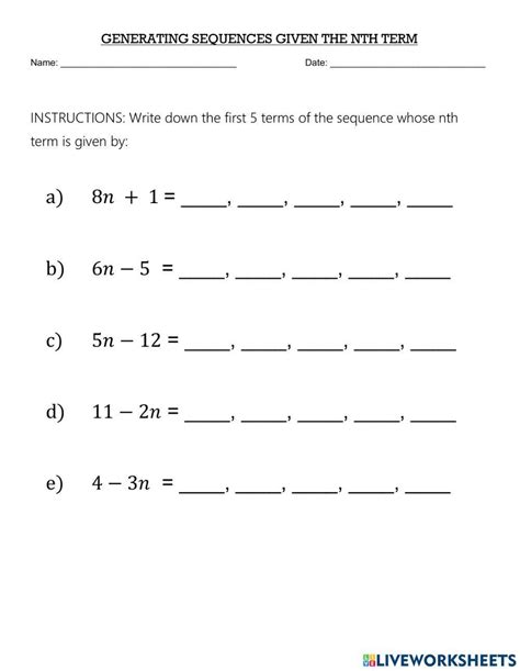 Generating Sequences Given The Nth Term Worksheet Live Worksheets Worksheets Library