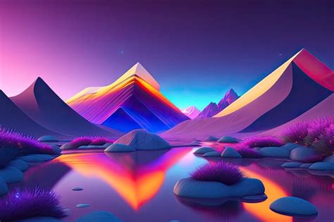 Premium AI Image | A purple landscape with mountains and a lake.