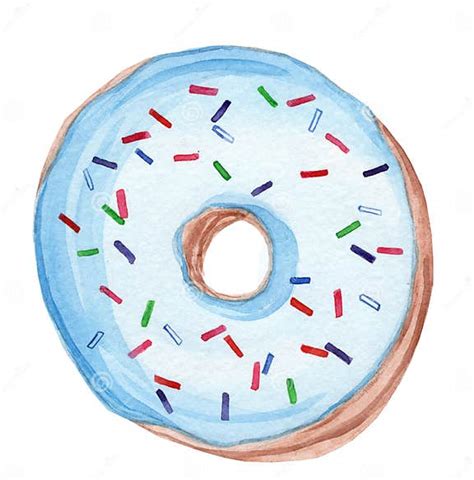 Watercolor Hand Drawn Blue Round Glazed Sprinkle Donut Isolated On