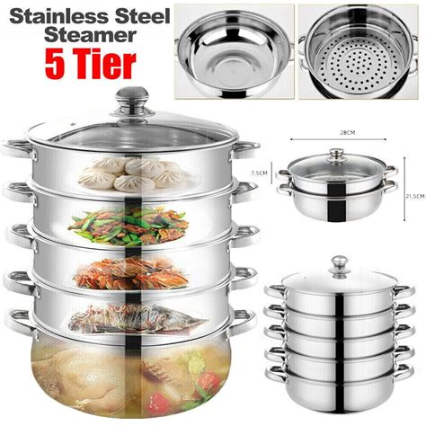 304 Stainless Steel 5 Tier Steamer Meat Vegetable Cooker Steam Pot