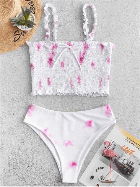 [31 Off] 2020 Zaful Smocked Tie Dye Frilled High Cut Tankini Swimsuit