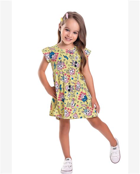 Riachuelo Vestido Meia Malha Infantil Menina Unicorn Amarelo Fakini