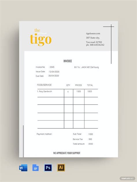 Restaurant Invoice Word Templates Design Free Download