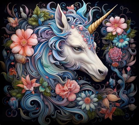 Premium Photo Ink Of Unicorn With Beautiful Flowers In The Style Of