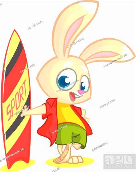 Cartoon Rabbit Surfer Vector Illustration Of White Bunny Standing With