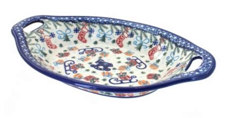 Blue Rose Polish Pottery Christmas Bounty Bread Tray With Handles