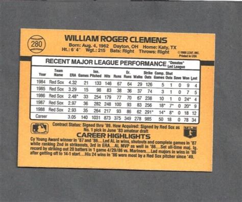 Roger Clemens Boston Red Sox 1989 Donruss 280 EBay