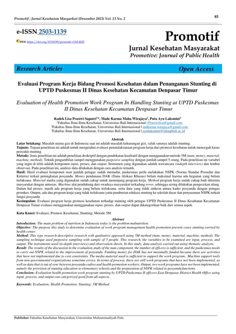 Pdf Evaluasi Program Kerja Bidang Promosi Kesehatan Dalam Penanganan