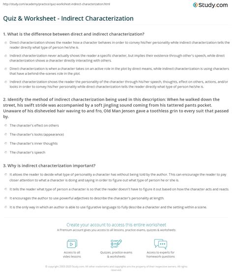 Quiz & Worksheet - Indirect Characterization | Study.com