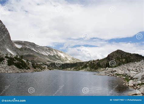 Medicine Bow Peak Overlooking Mirror Lake Snowy Range Stock Image