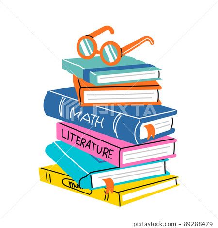 Stack of books. Pile of school textbooks. Hand... - Stock Illustration ...