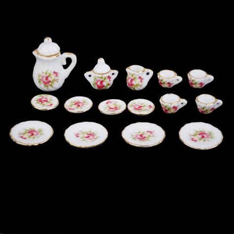 15pcs 1 12 Scale Dollhouse Miniature Ware Porcelain Tea Set Dish Cup