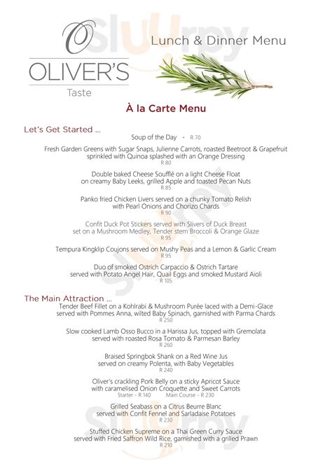 Olivers Restaurant, Lodge And Wellness menù, White River - Menu | Sluurpy