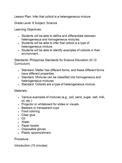 Lesson Plan In Infer That Colloid Is A Heterogeneous Mixture Pdf