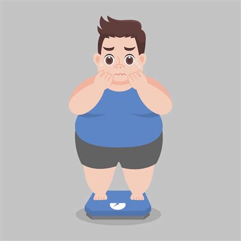 Premium Vector Big Fat Man Worry Standing On Electronic Scales For