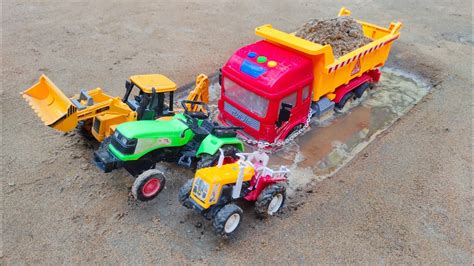 Tipper Truck Stuck In Deep Mud Pulling Out Mahindra Tractor Swaraj