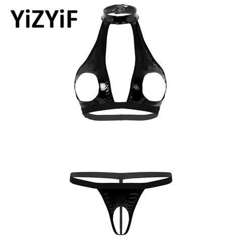 Sexy Women Tankini Swimsuit Mini Bikini Two Piece Swimwear Sexy Lingerie Faux Leather Bra Top