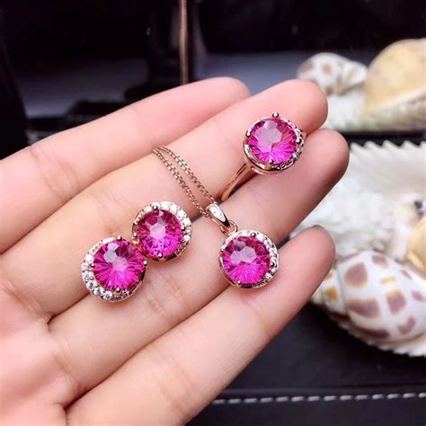 Natural Pink Topaz Gem Stone Jewelry Sets Natural Gemstone Ring Pendant