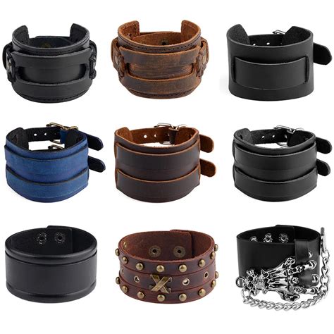 Pulsera Ancha De Cuero Genuino Para Hombres Brazaletes De Rock Con