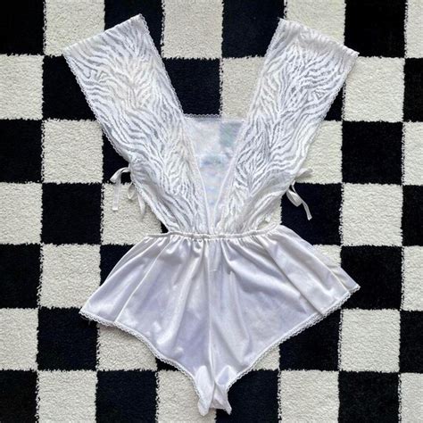 Vintage 1980s White Lace Teddy Lingerie Romper L Gem