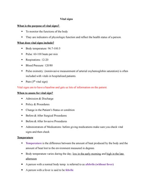Vital signs CH. 25 study guide - Vital signs What is the purpose of vital signs? To monitor the