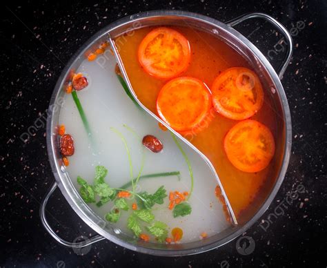 Mandarin Duck Hot Pot Soup With Tomato Background Hot Pot Broth Tomato Background Image For